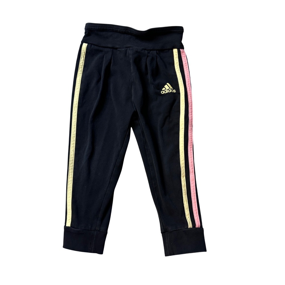 Adidas Joggers Kids 2T Black Slim Fit AG3206 FGL012 Yellow Pink Stripes Pants